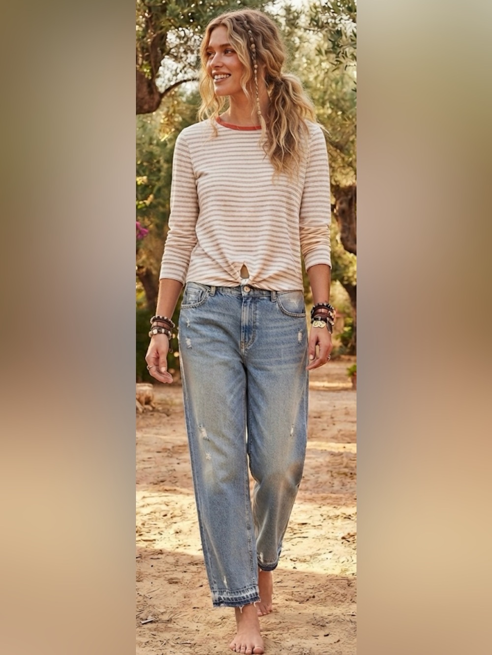 NWT - Hem & Thread Long Sleeved Slub Knit Coral- Striped T w Front Tie